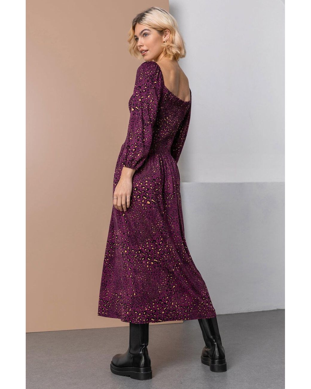 D.u.s.k Purple Shirred Leopard Print Midi Stretch Dress