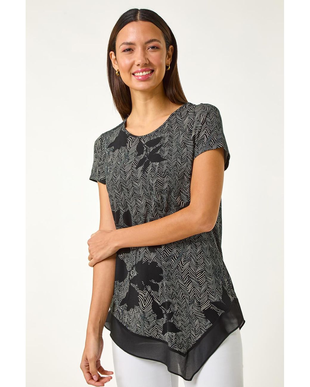 Roman Gray Floral Print Chiffon Hem Top