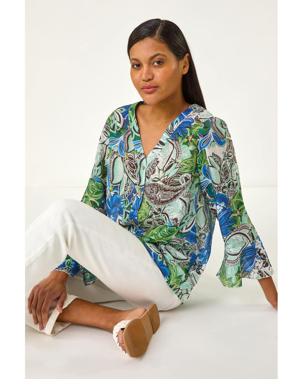 Roman Blue Paisley V-Neck Blouse