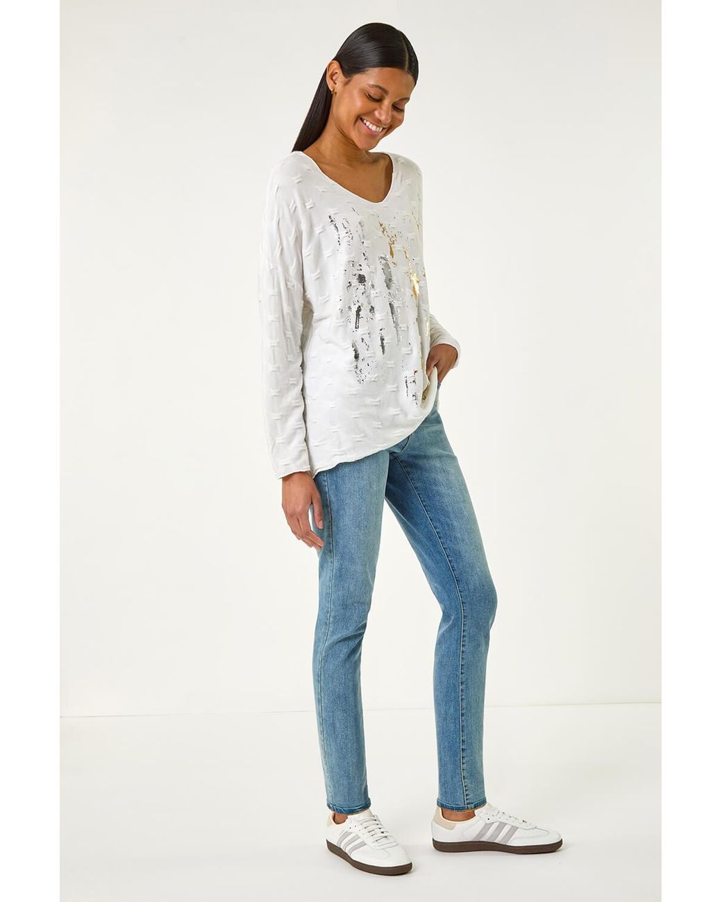 Roman Blue Textured Foil Snit V-Neck Top