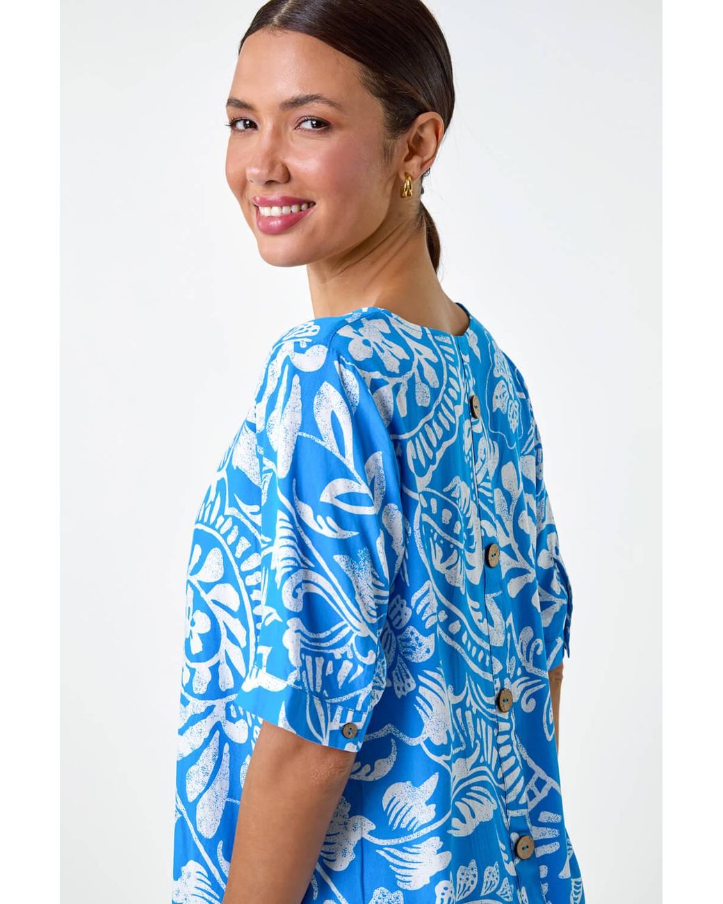 Roman Blue Abstract Leaf Print Button Back Top