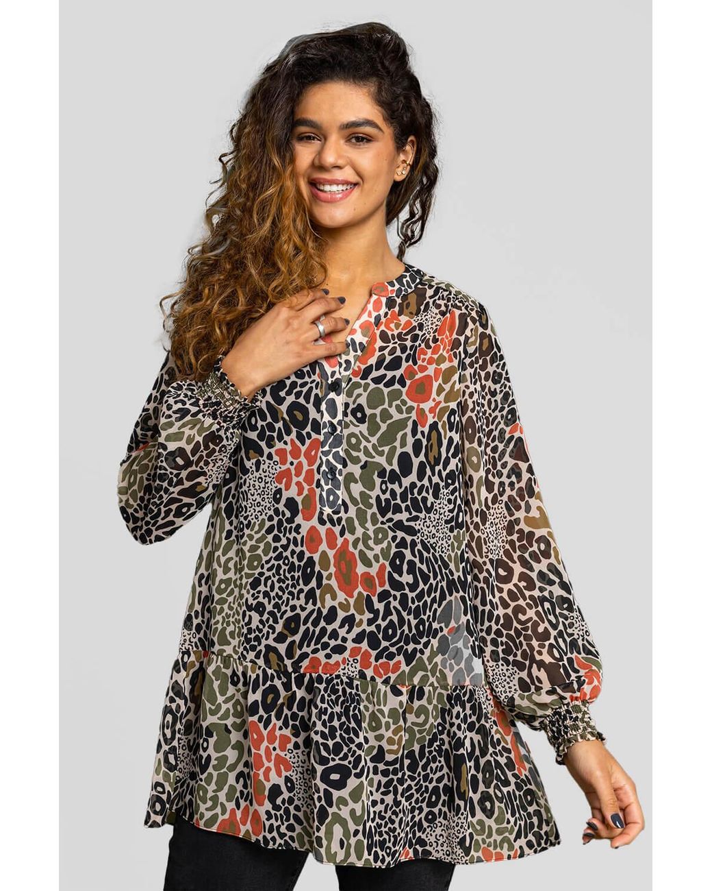 Roman Multicolor Chiffon Animal Print Peplum Tunic Top