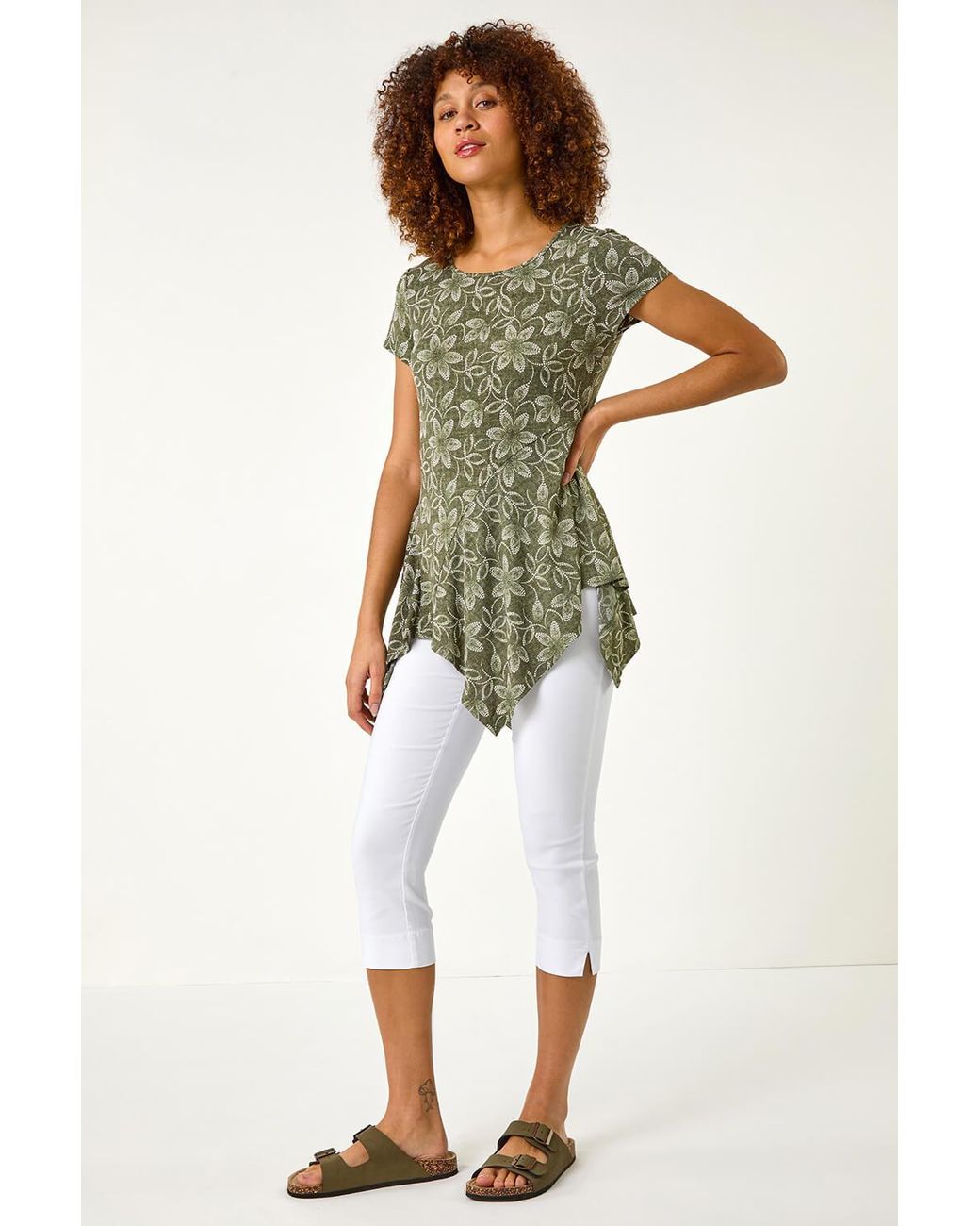 Roman Green Leaf Print Hanky Hem Stretch Top