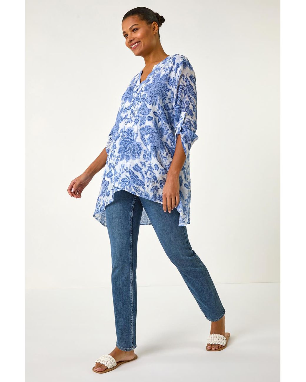 Roman Blue Floral Print Wrap Hem Tunic Top