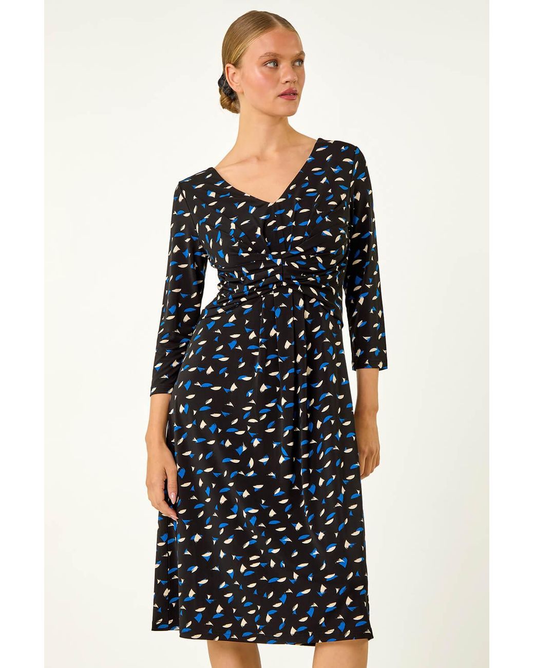 Roman Black Geo Print Stretch Midi Dress