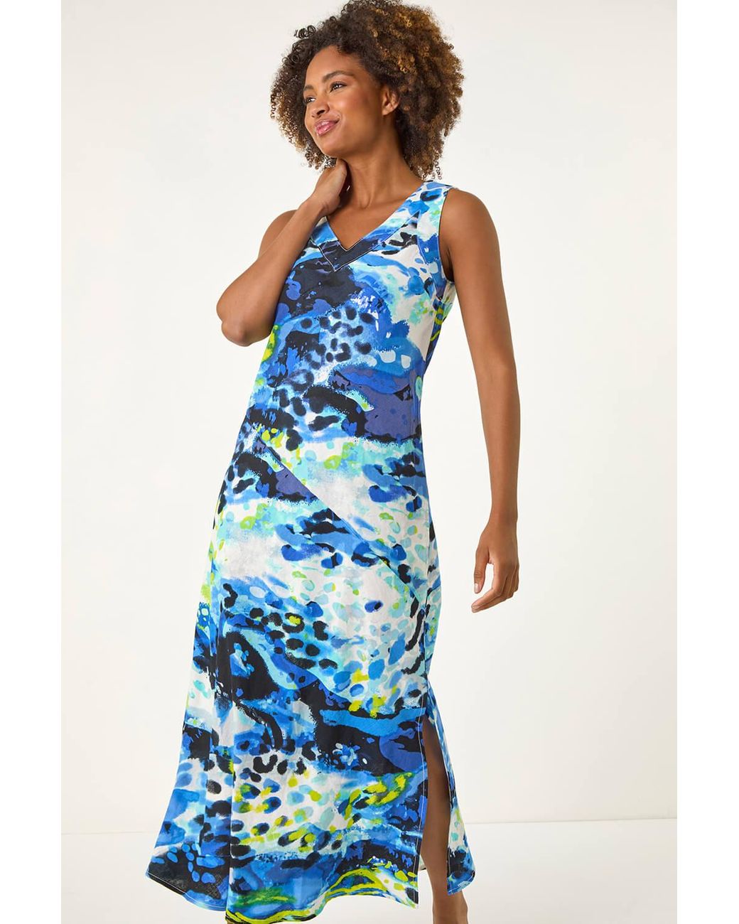 Roman Blue Abstract Linen Mix Midi Dress