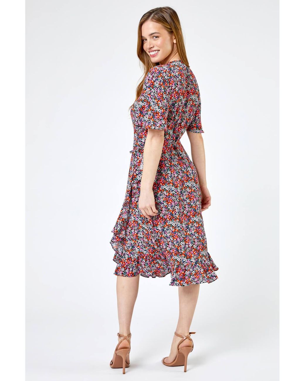 Roman Petite Pink Ditsy Floral Frill Wrap Dress