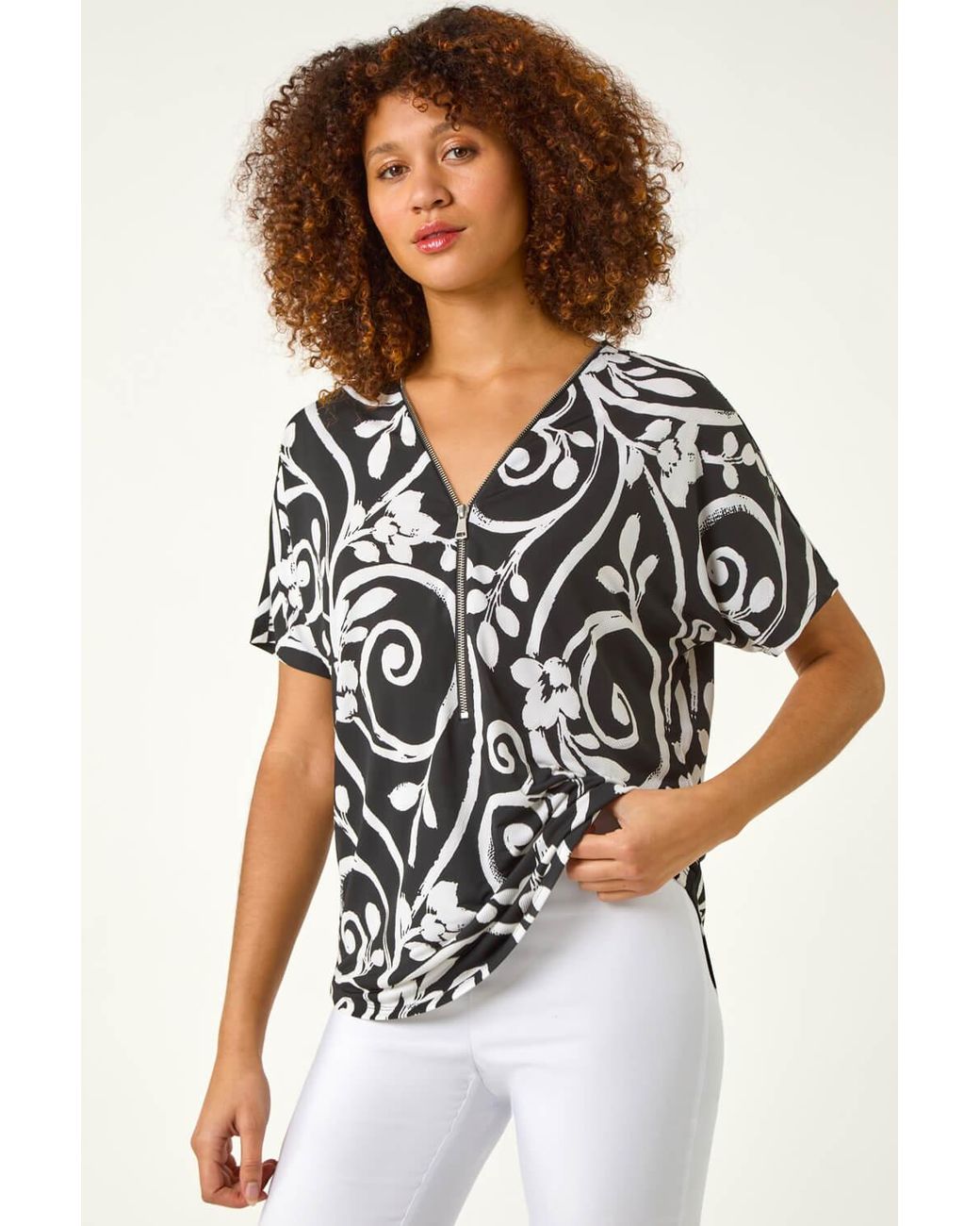 Roman Black Textured Print Zip Detail Top