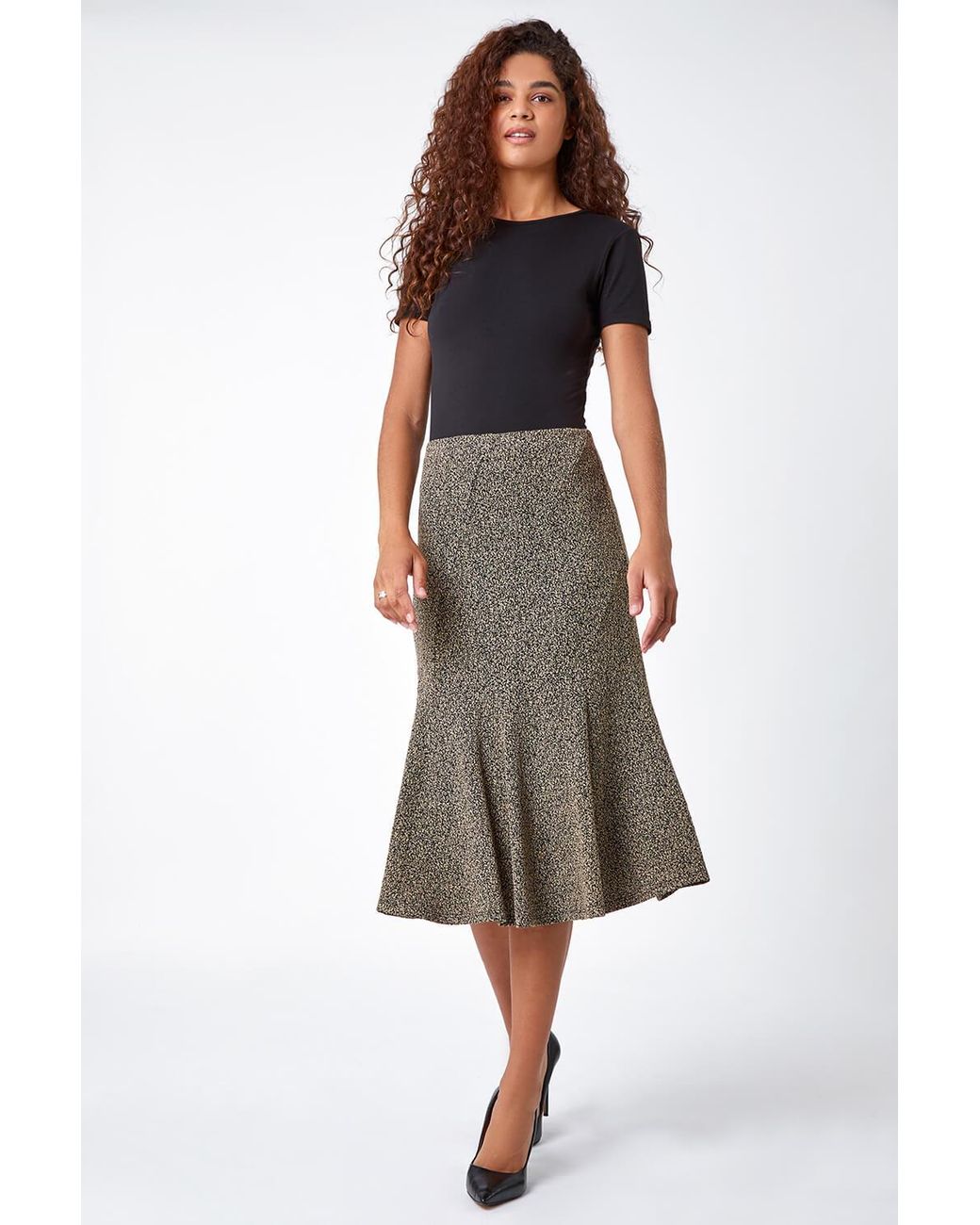 Roman Natural Flared Textured Midi Elastic Waist Skirt