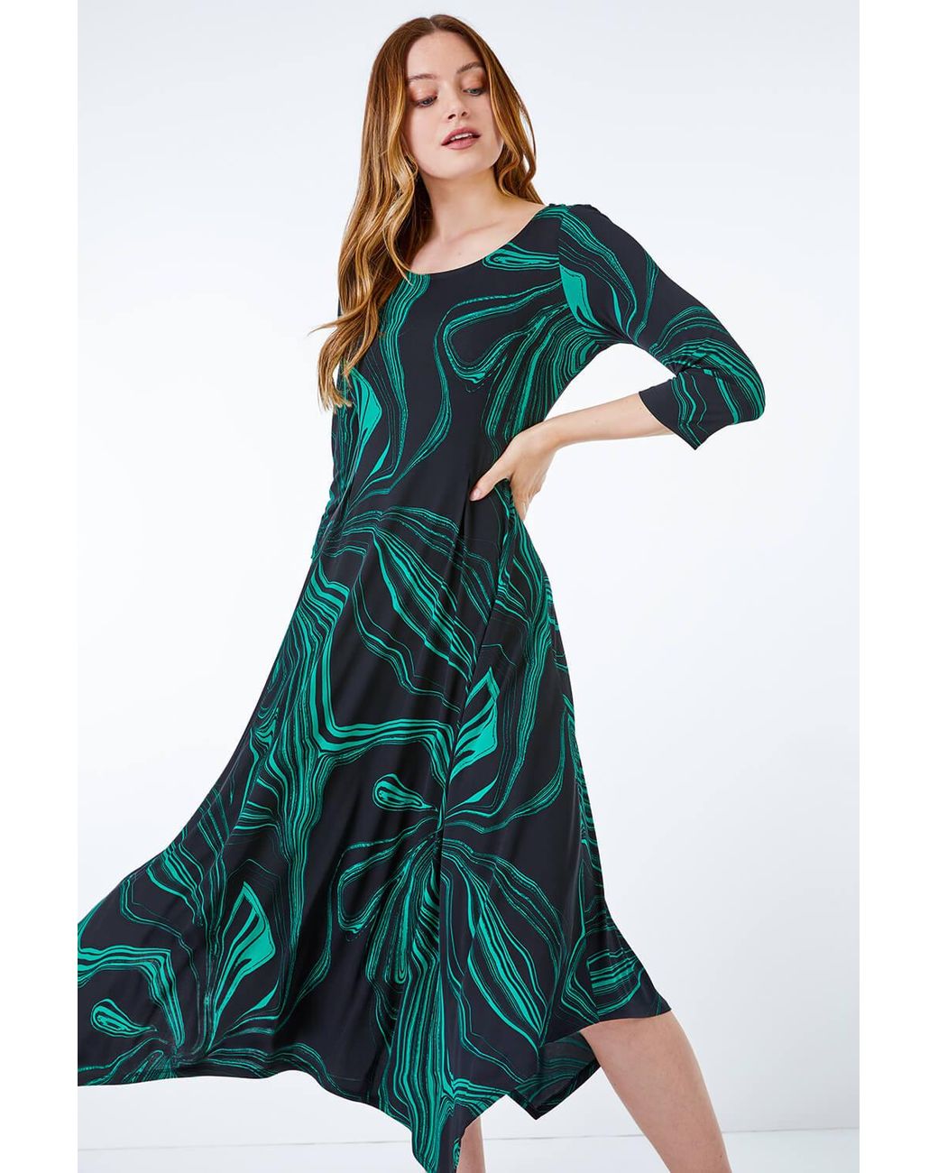 Roman Green Abstract Marble Print Midi Dress