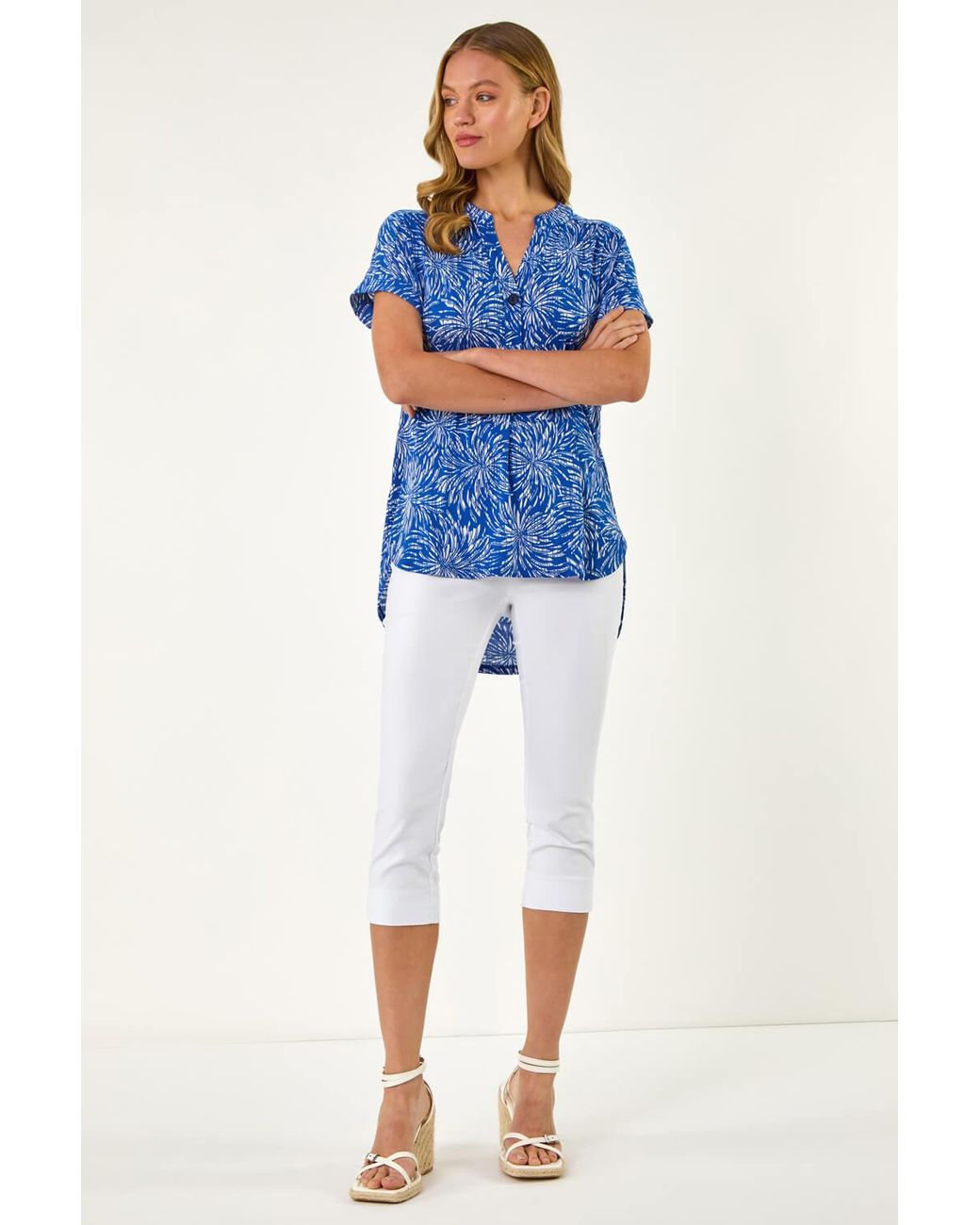 Roman Blue Abstract Print V-Neck Stretch Top