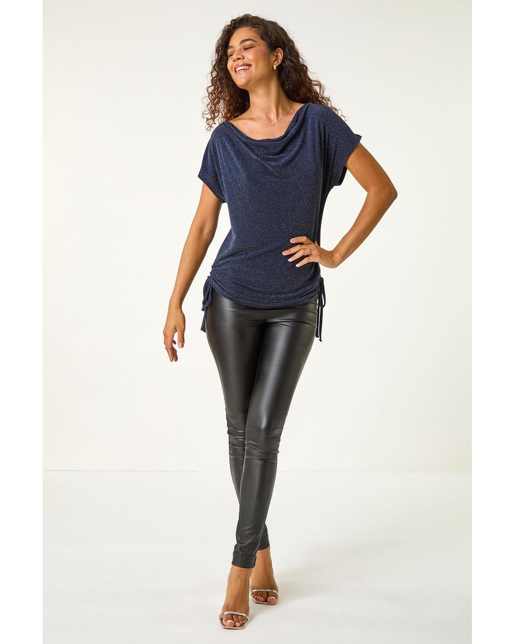 Roman Blue Glitter Cowl Neck Stretch Top