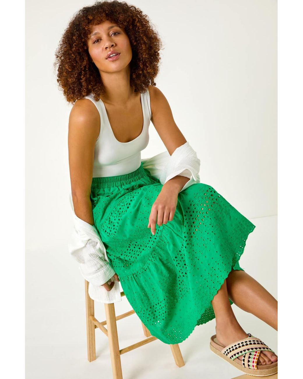 Roman Green Broderie Cotton A-Line Midi Skirt