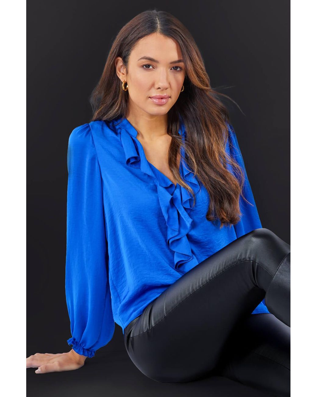 Roman Blue Satin Ruffle Neck Blouse
