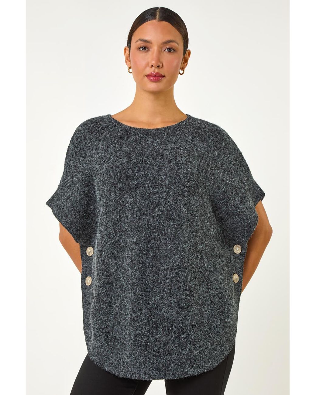 Roman Blue Contrast Roll Neck Button Knit Poncho