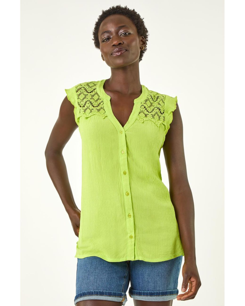 Roman Green Sleeveless Lace Detail Blouse