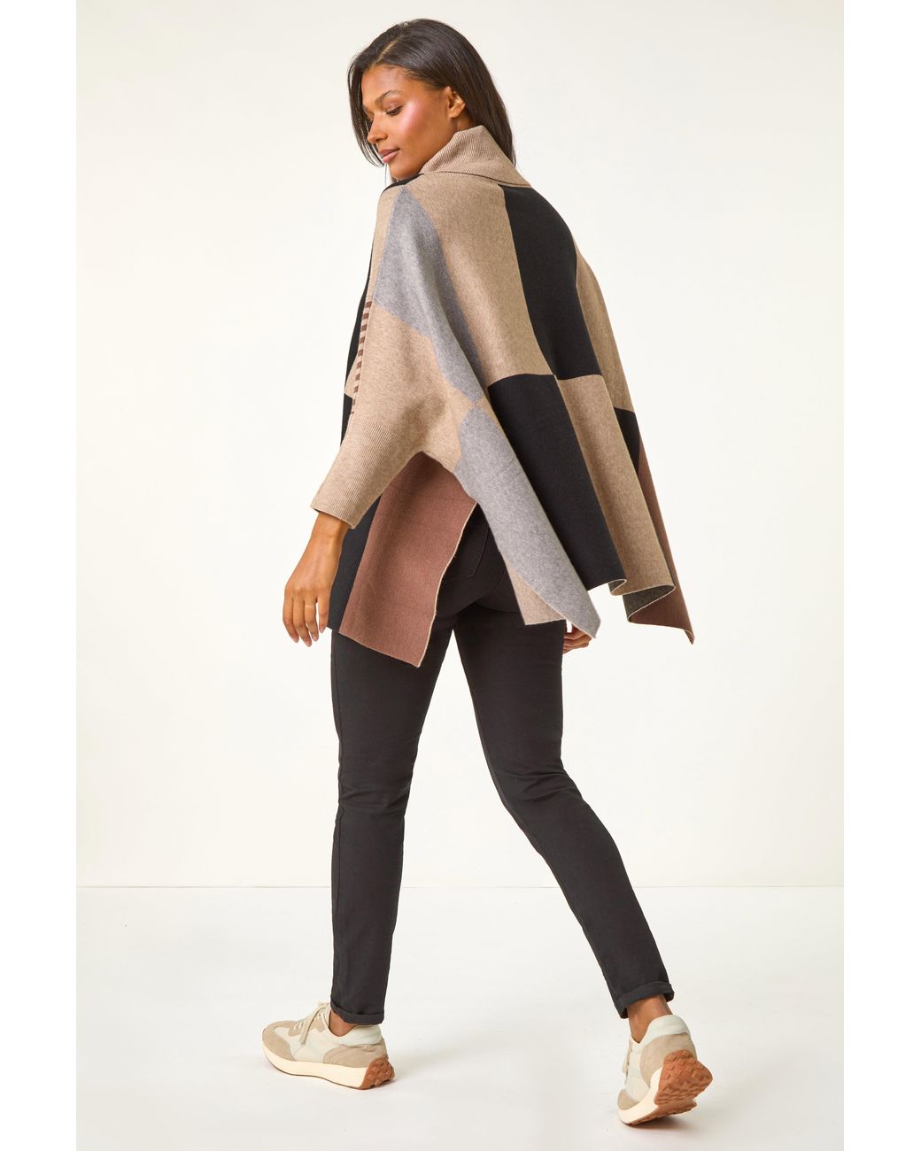 Roman Natural Check Colour Block Knit Poncho
