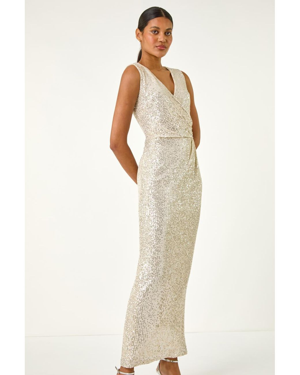 Roman Natural Sequin Side Twist Wrap Maxi Dress