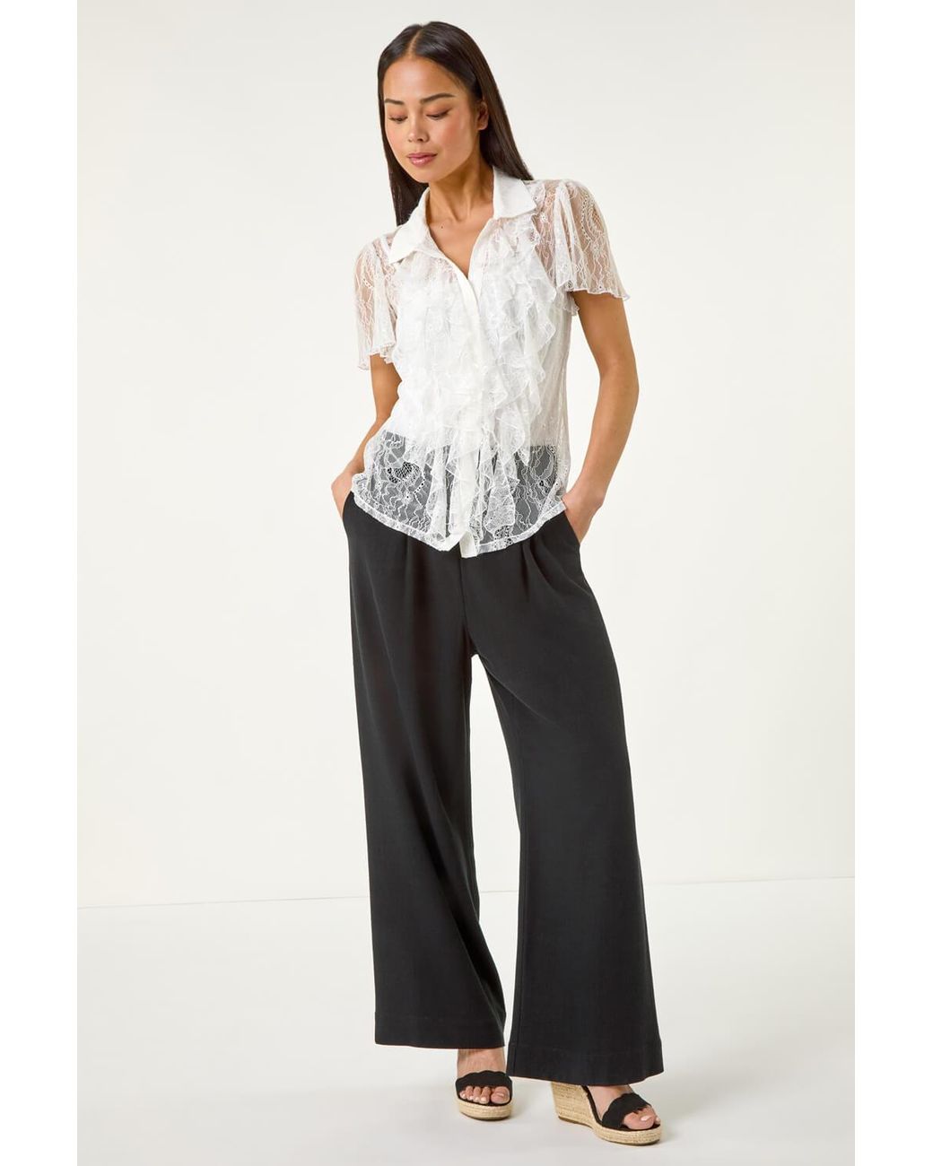Roman Petite White Lace Frill Button Blouse