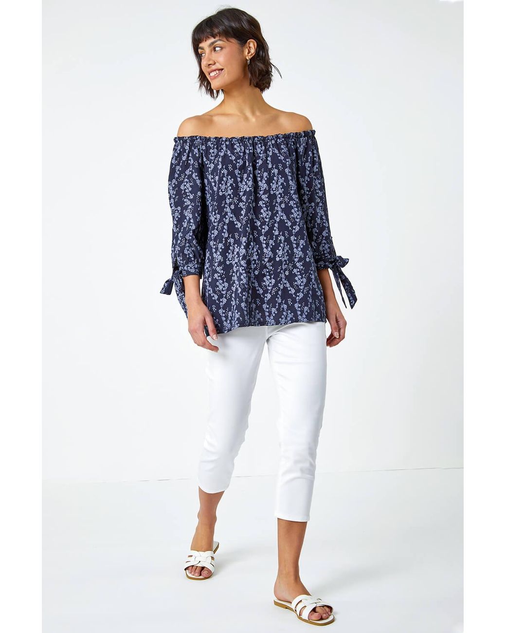 Roman Blue Ditsy Floral Print Bardot Top