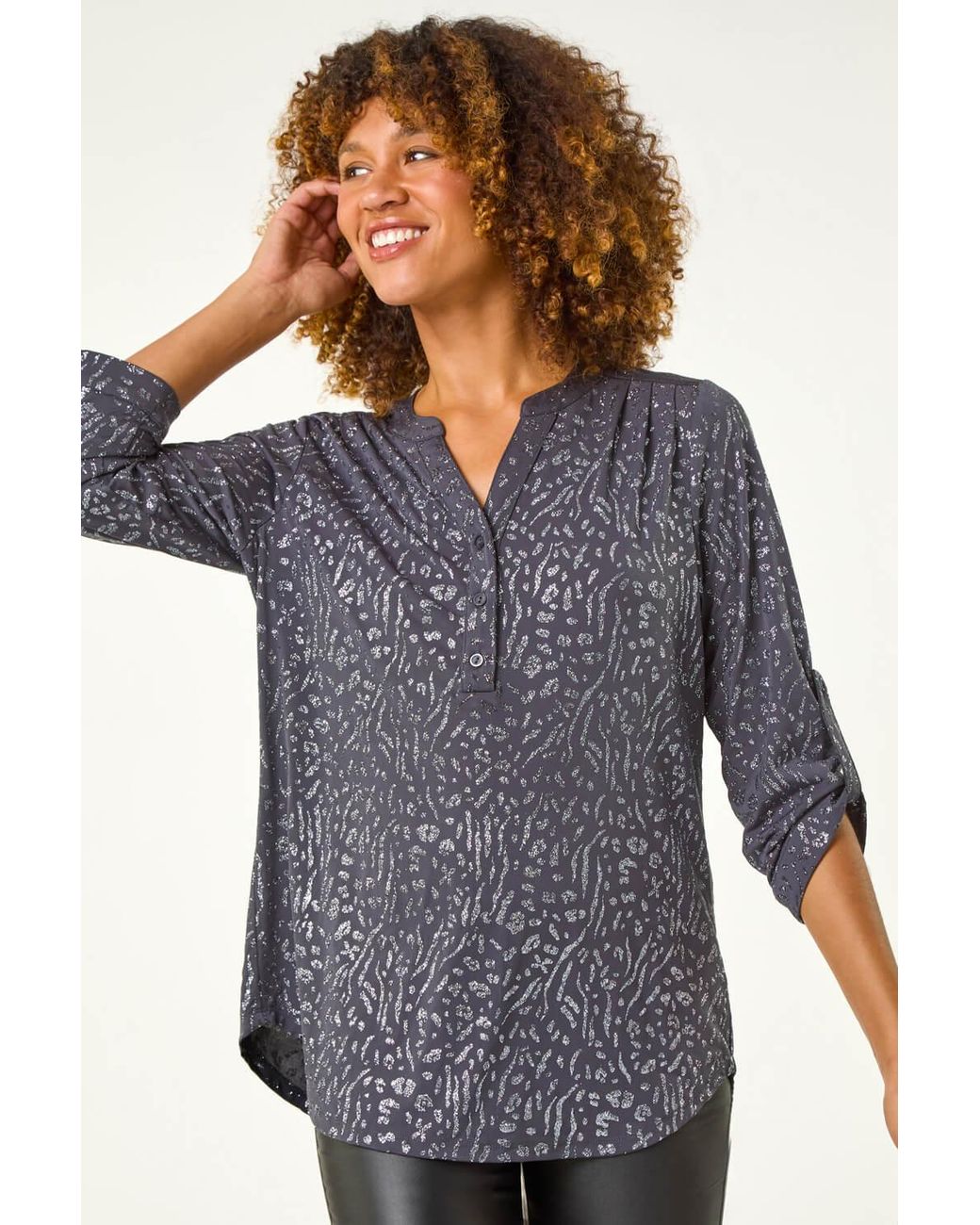 Roman Blue Glitter Animal Print Stretch Shirt