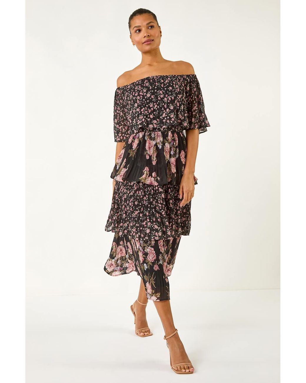 Roman Black Bardot Ditsy Floral Midi Dress
