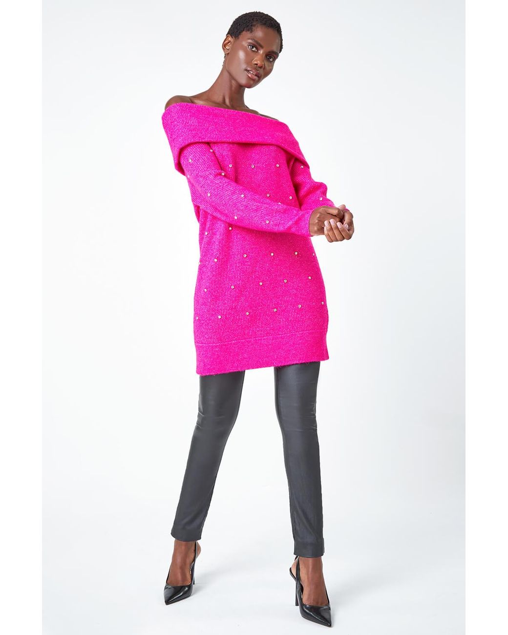 Roman Pink Embellished Bardot Stretch Longline Jumper
