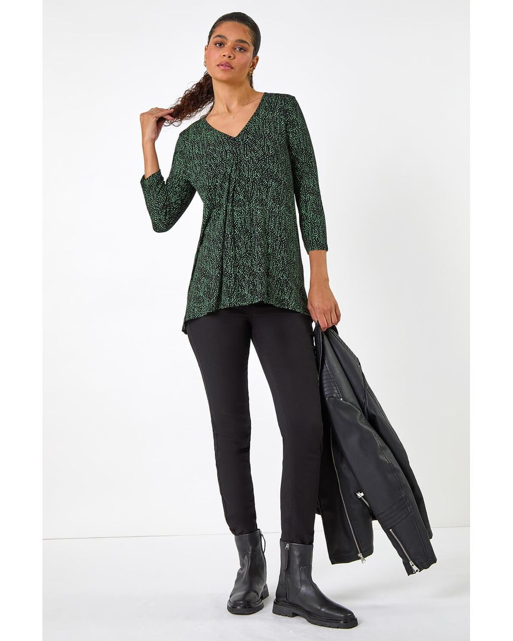 Roman Green Spot Print Pleat Front Tunic Top
