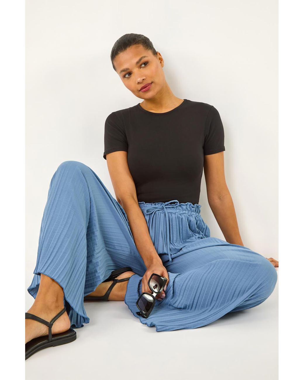 Roman Blue Pleated Wide Leg Stretch Culottes
