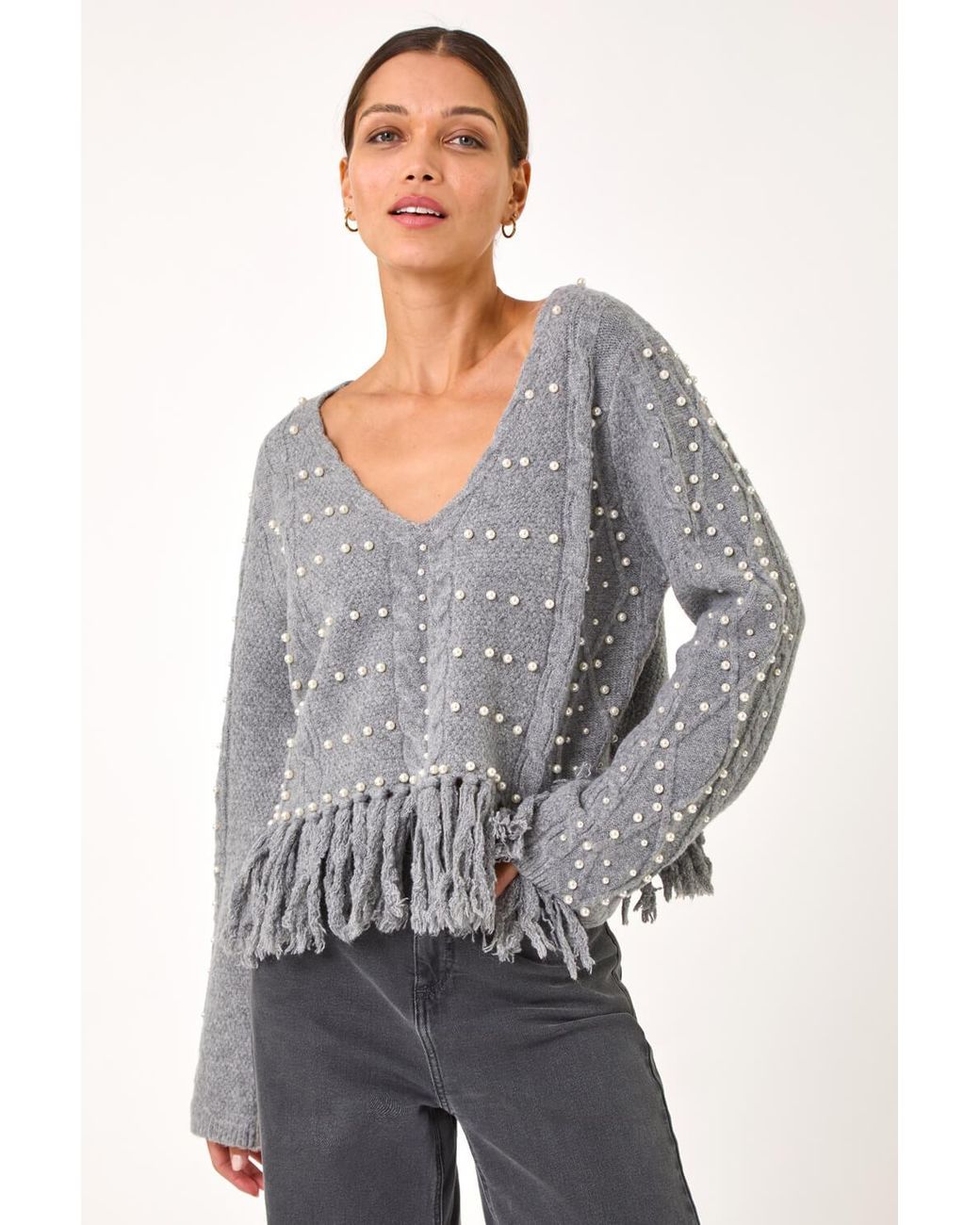 Roman Gray V-Neck Fringe Textured Jumper