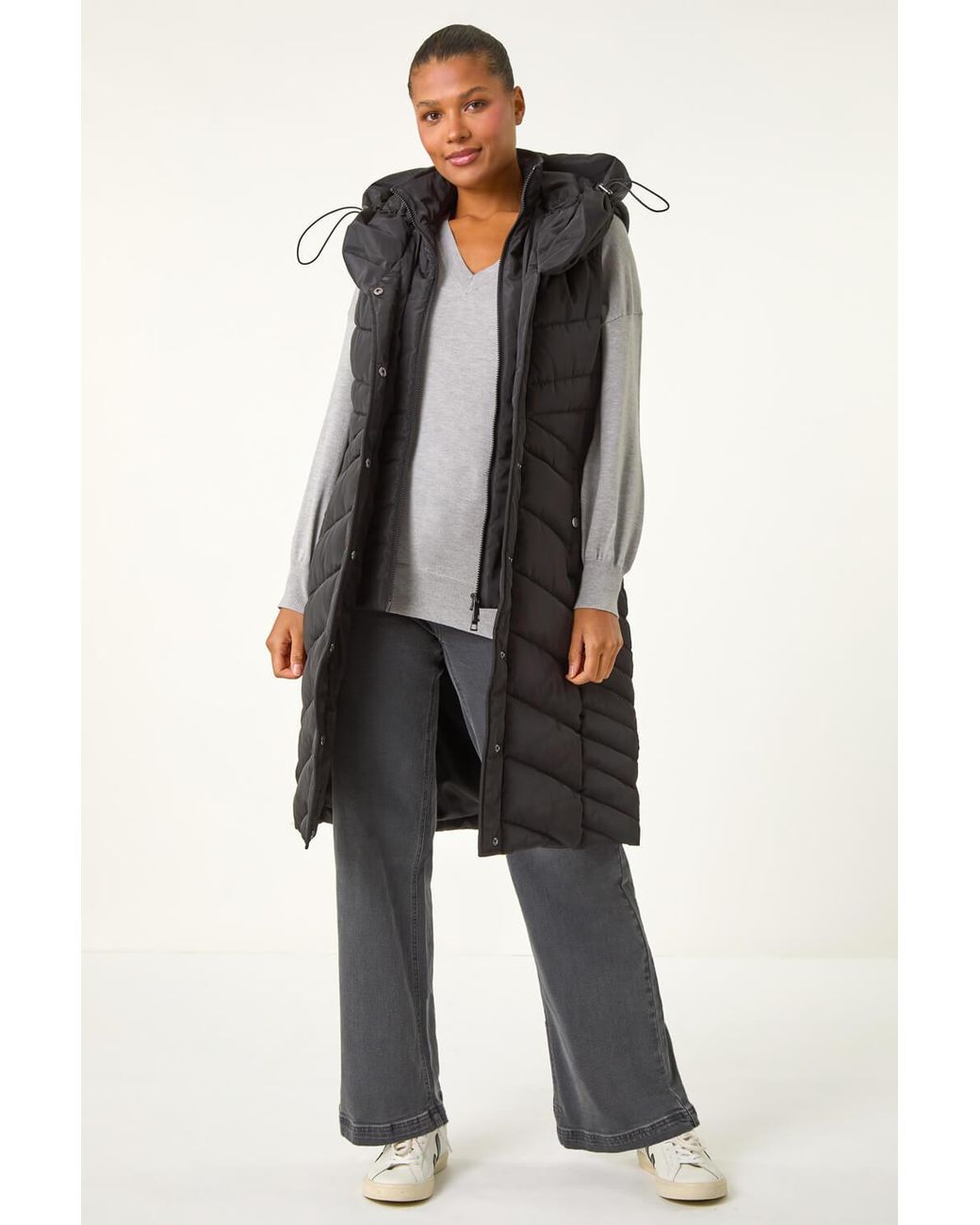 Roman Black Chevron Quilted Hooded Gilet