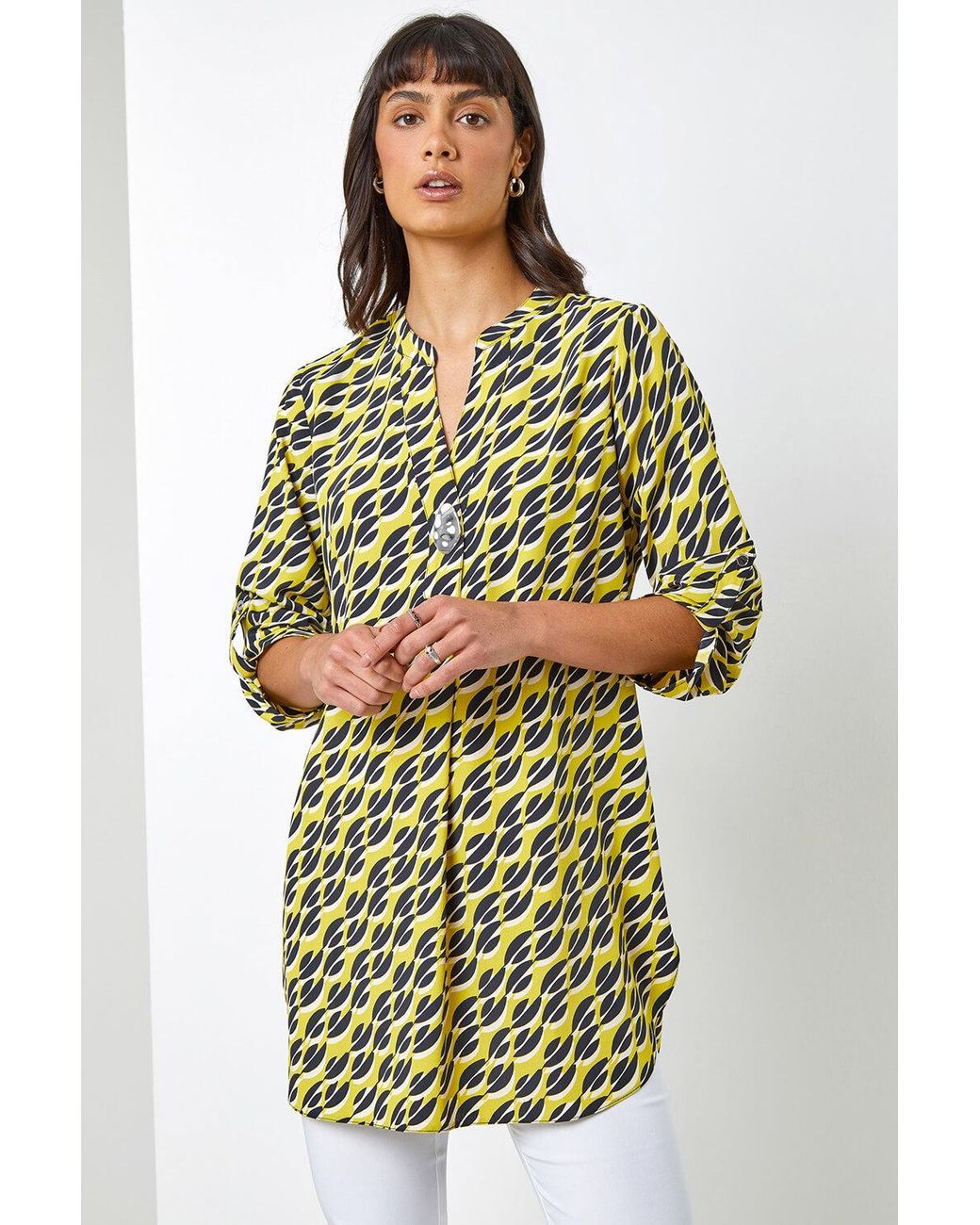 Roman Multicolor Abstract 3/4 Sleeve V-Neck Longline Top