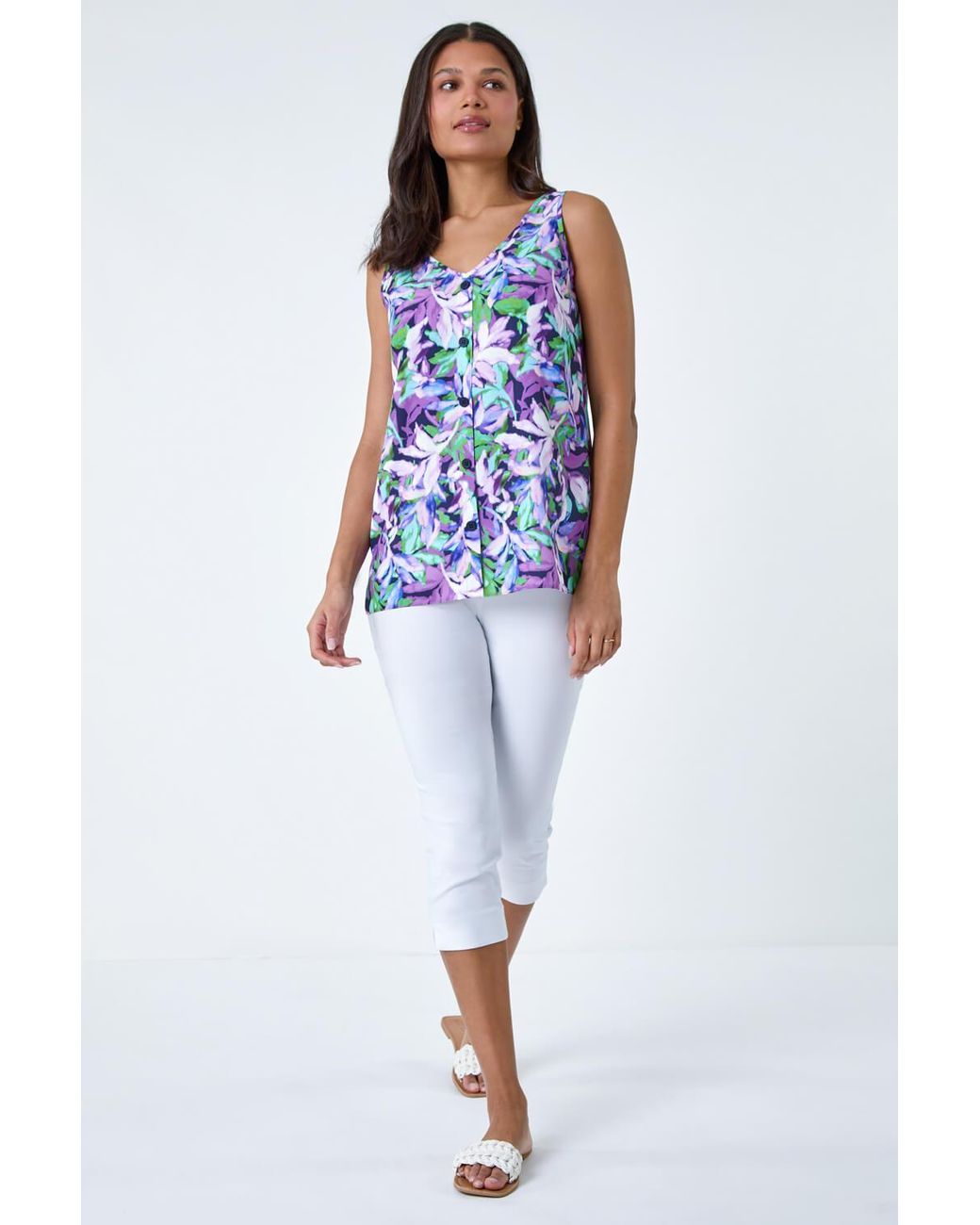 Roman Blue Sleeveless V-Neck Leaf Print Button Cami Top