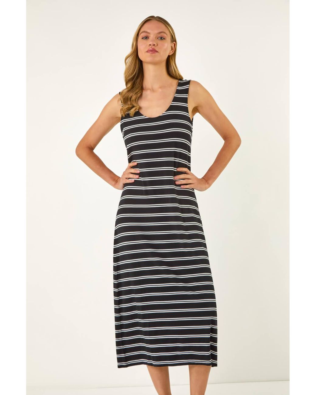 Roman Black Stripe Cross Back Stretch Maxi Dress