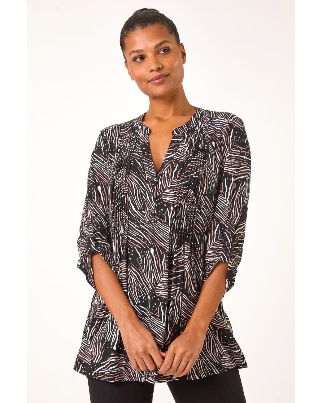 Roman Gray Linear Print Pintuck Pleat Shirt