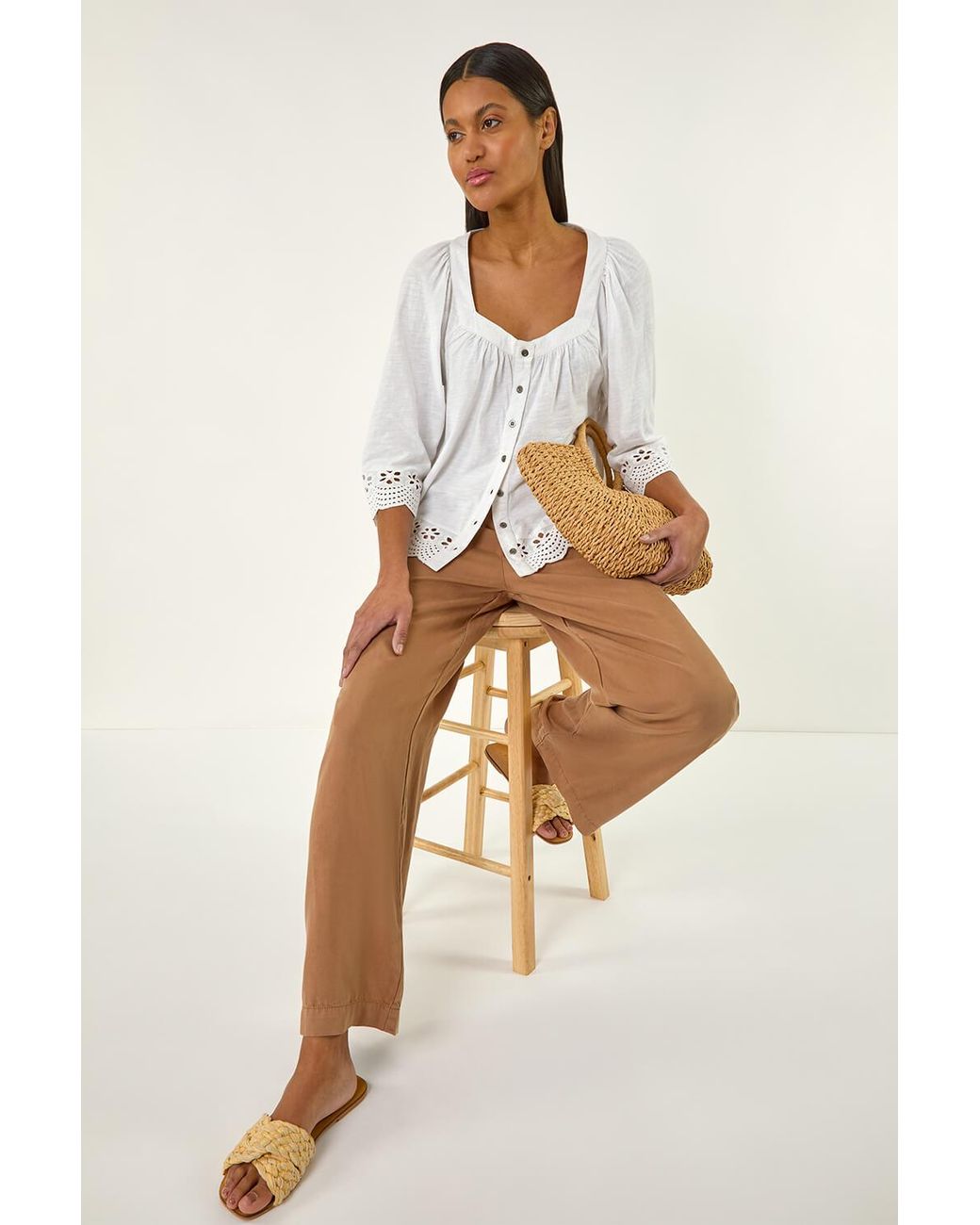 Roman Natural Cotton Broderie Hem Blouse