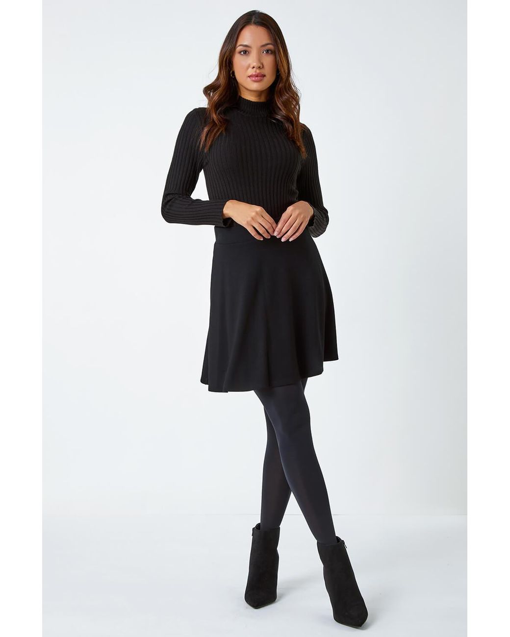 Roman Black Elastic Waist Stretch A Line Skater Skirt