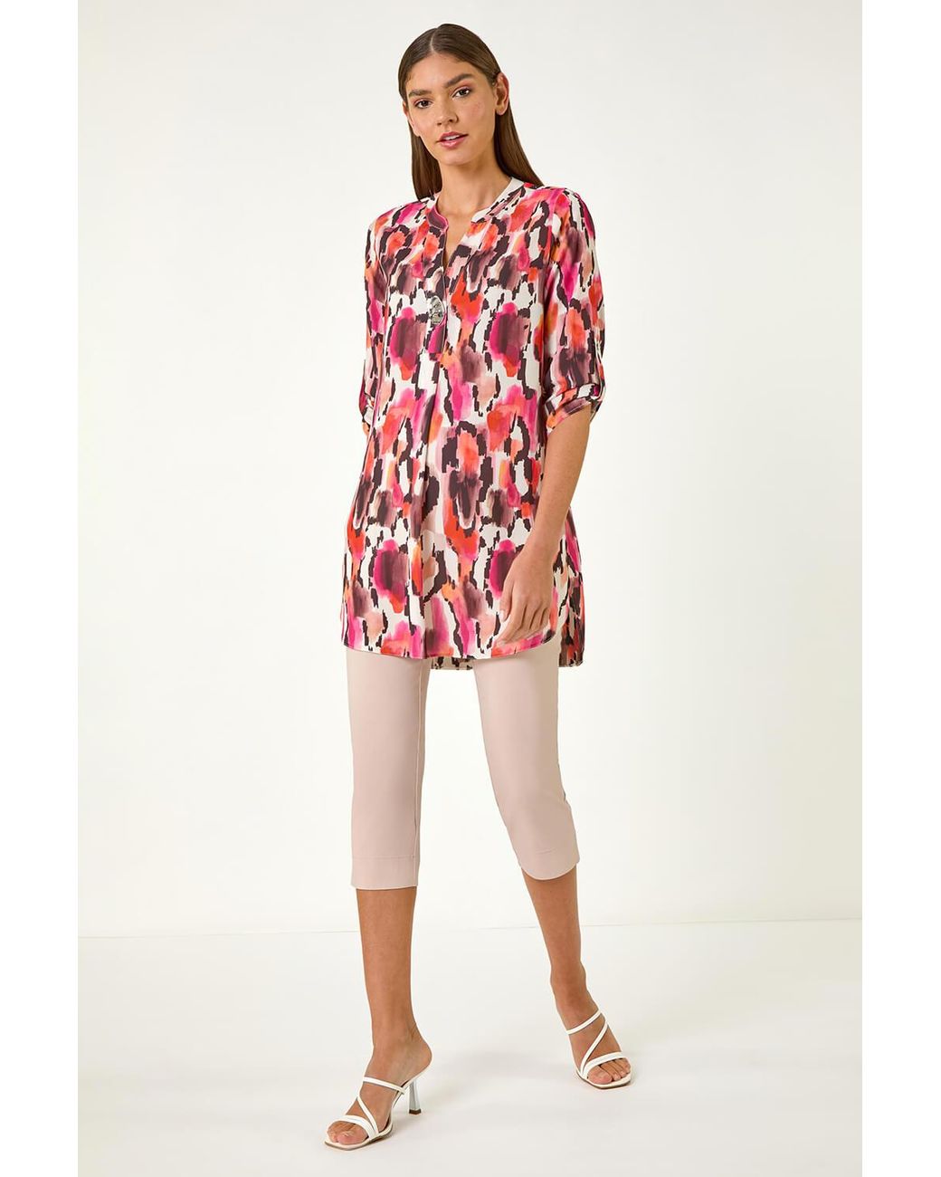Roman Red Abstract Print V-Neck Button Top