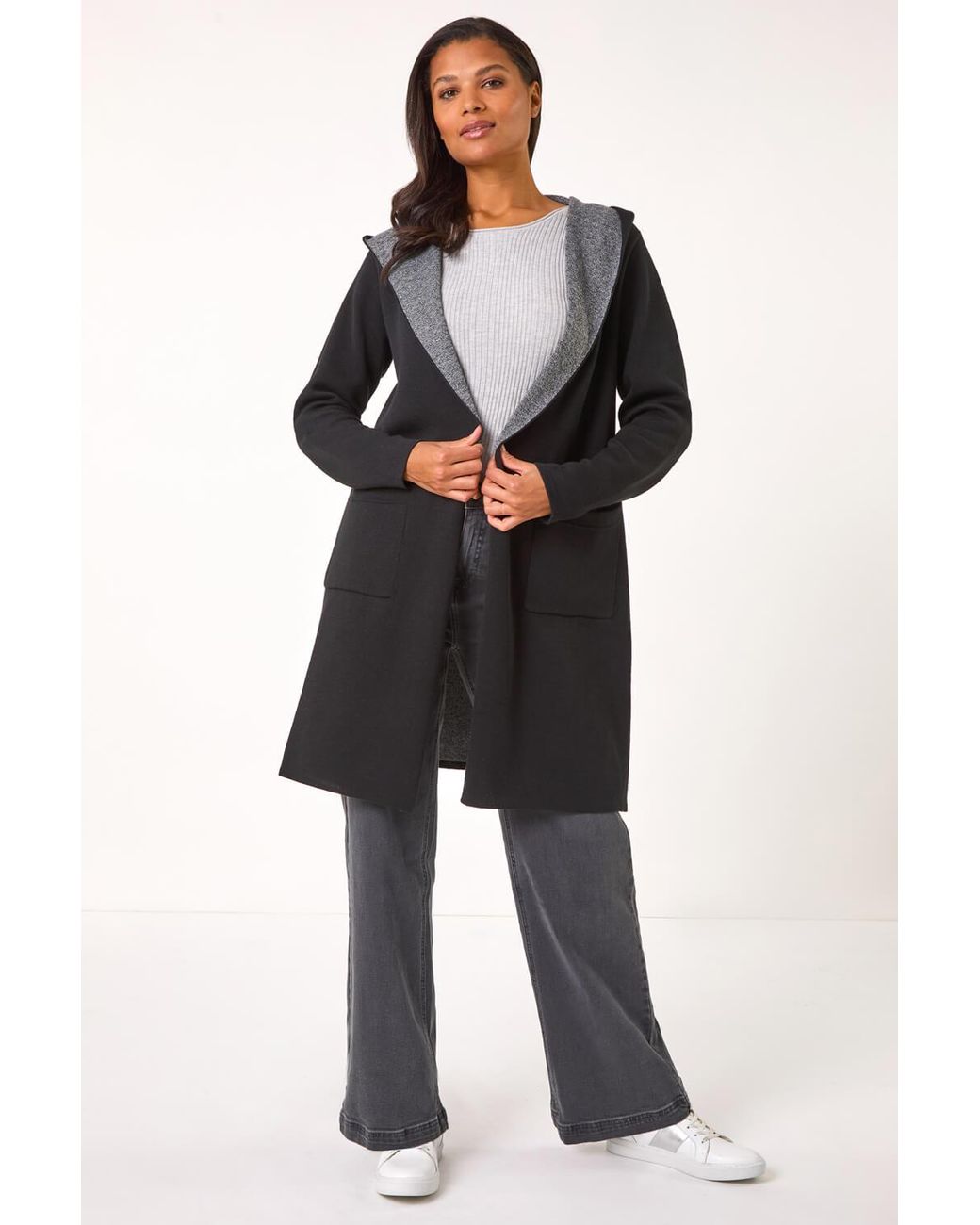 Roman Black Contrast Hooded Longline Cardigan