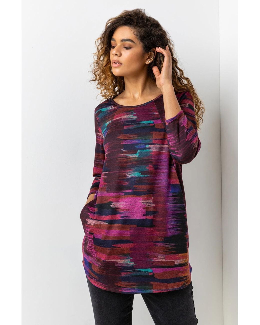 Roman Purple Abstract Print Pocket Top With Snood