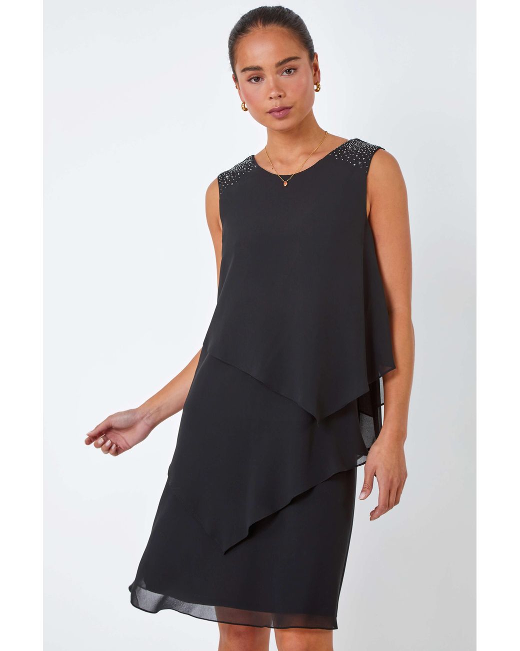 Roman Petite Black Embellished Chiffon Tiered Shift Dress