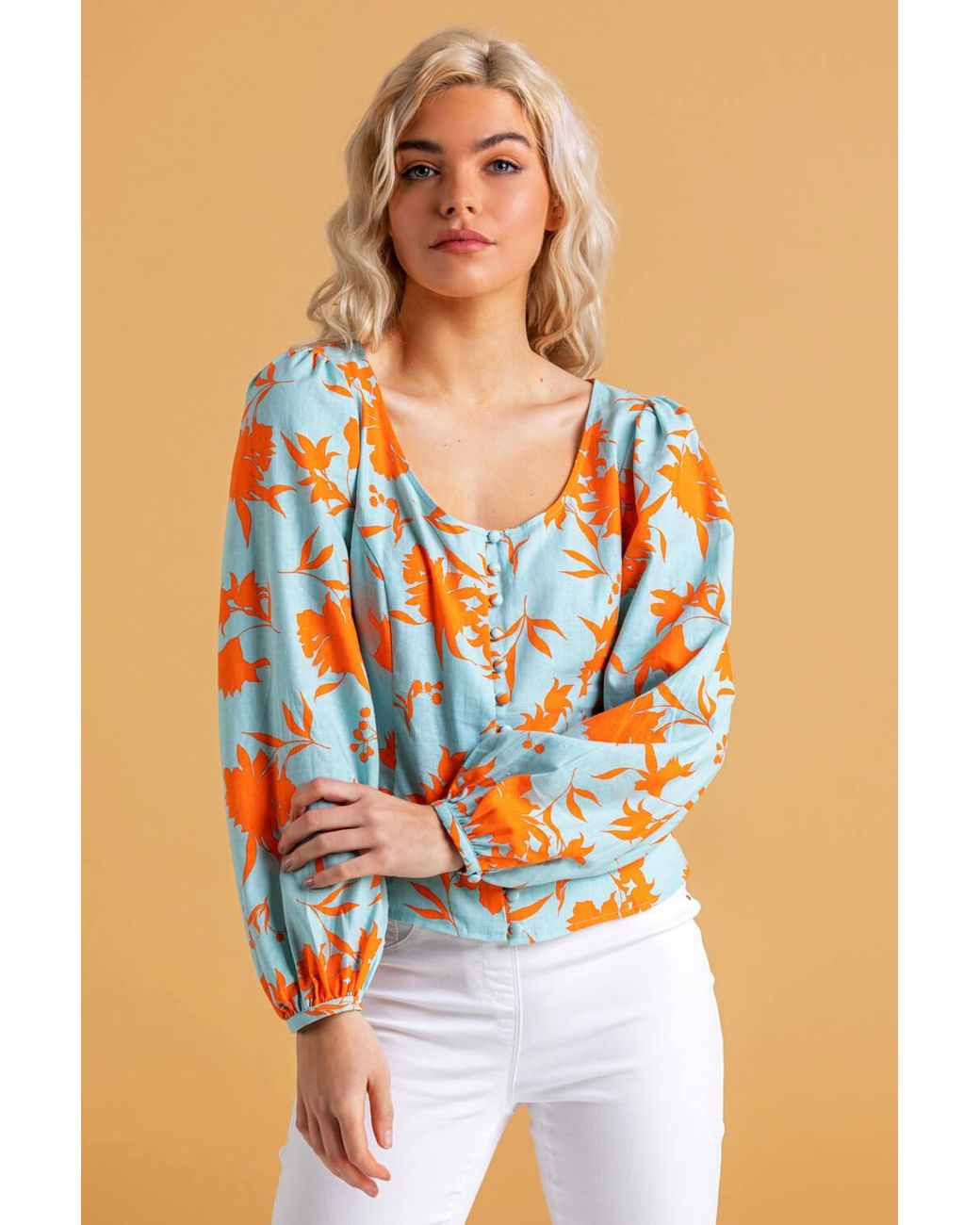 D.u.s.k Orange Button Though Floral Print Blouse