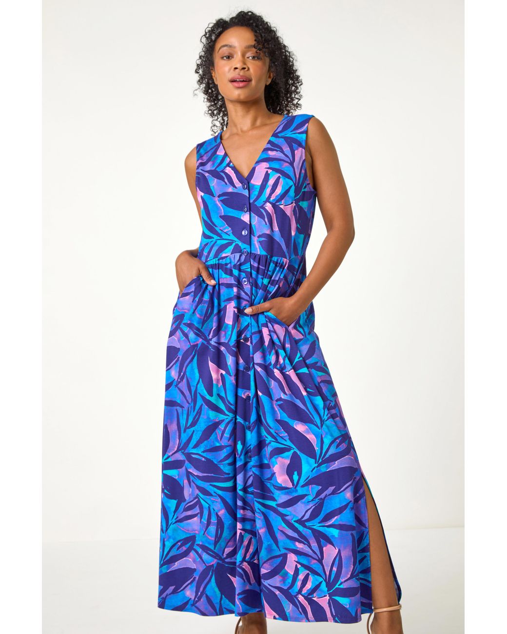 Roman Petite Blue Abstract Pocket Stretch Maxi Dress