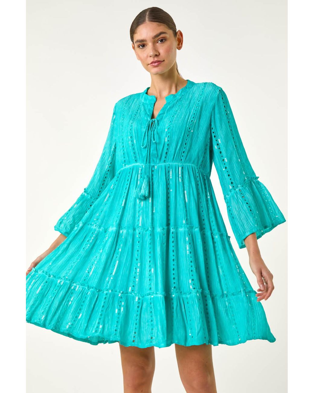 Roman Blue Shimmer Tie Detail Smock Dress