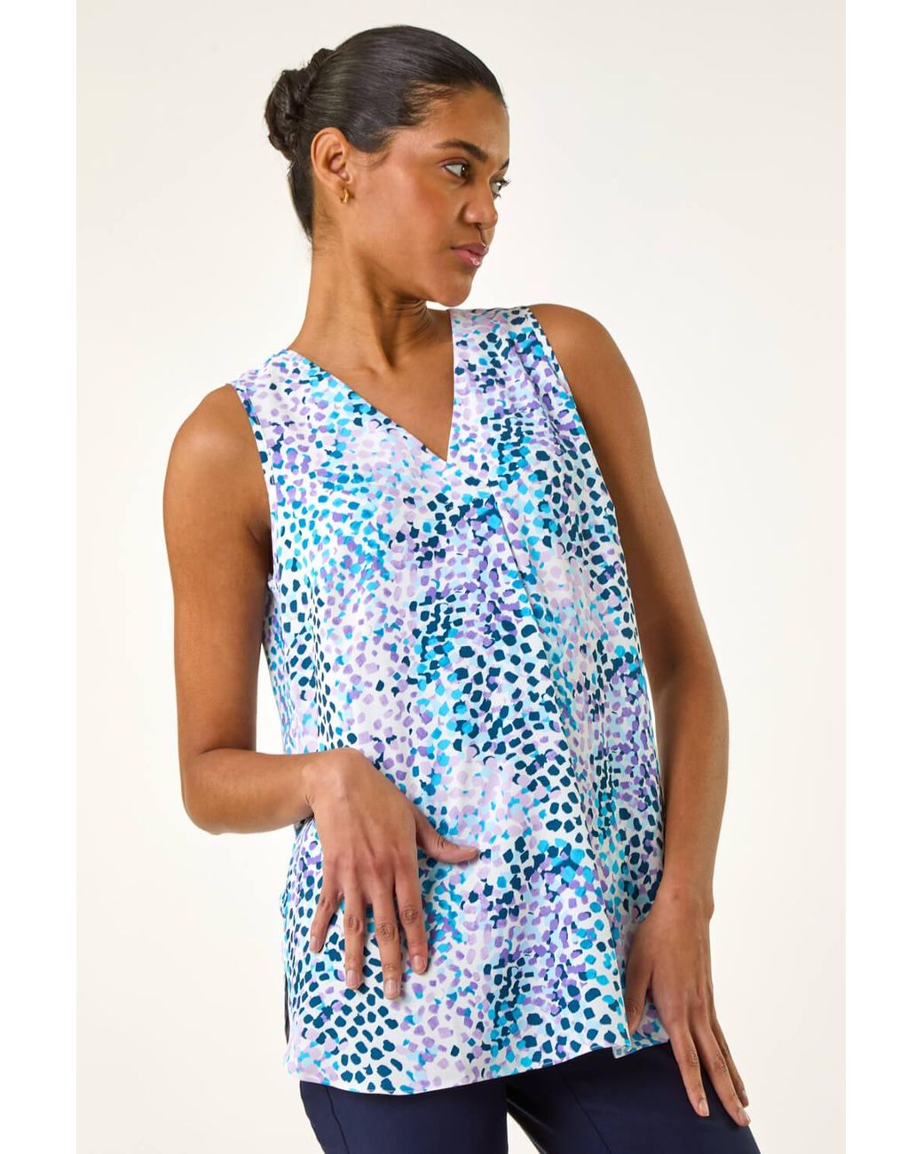 Roman Blue Abstract Print V-Neck Pleat Top