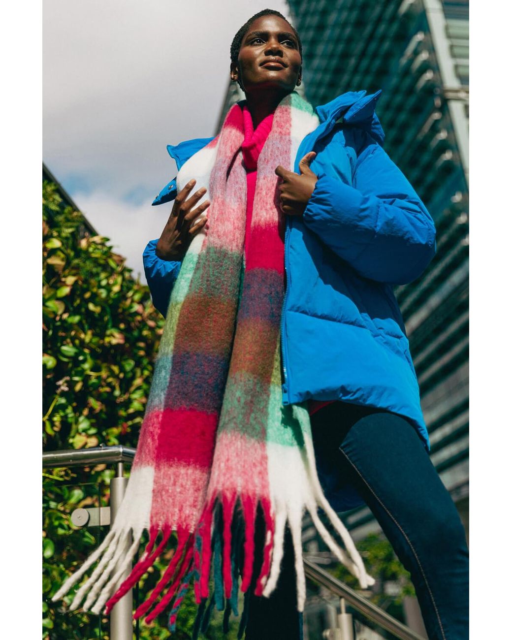 Roman Blue Knitted Checked Blanket Scarf