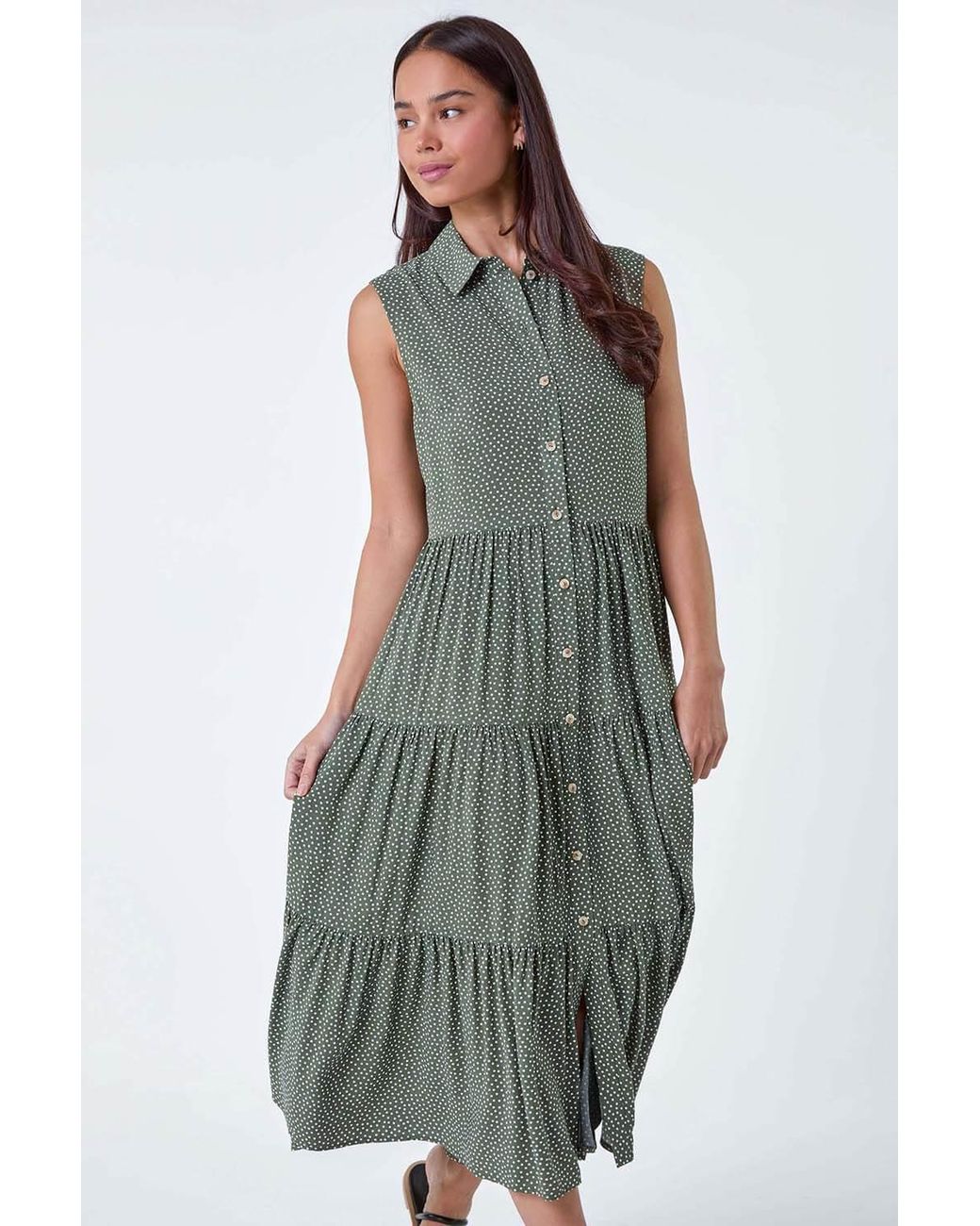 Roman Petite White Polka Dot Midi Shirt Dress