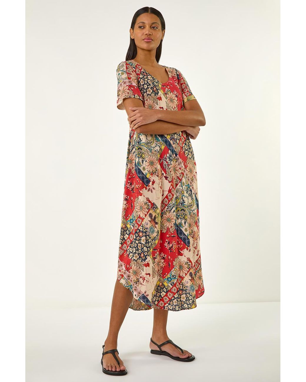 Roman White Patchwork Print Curved Hem Midi Dress