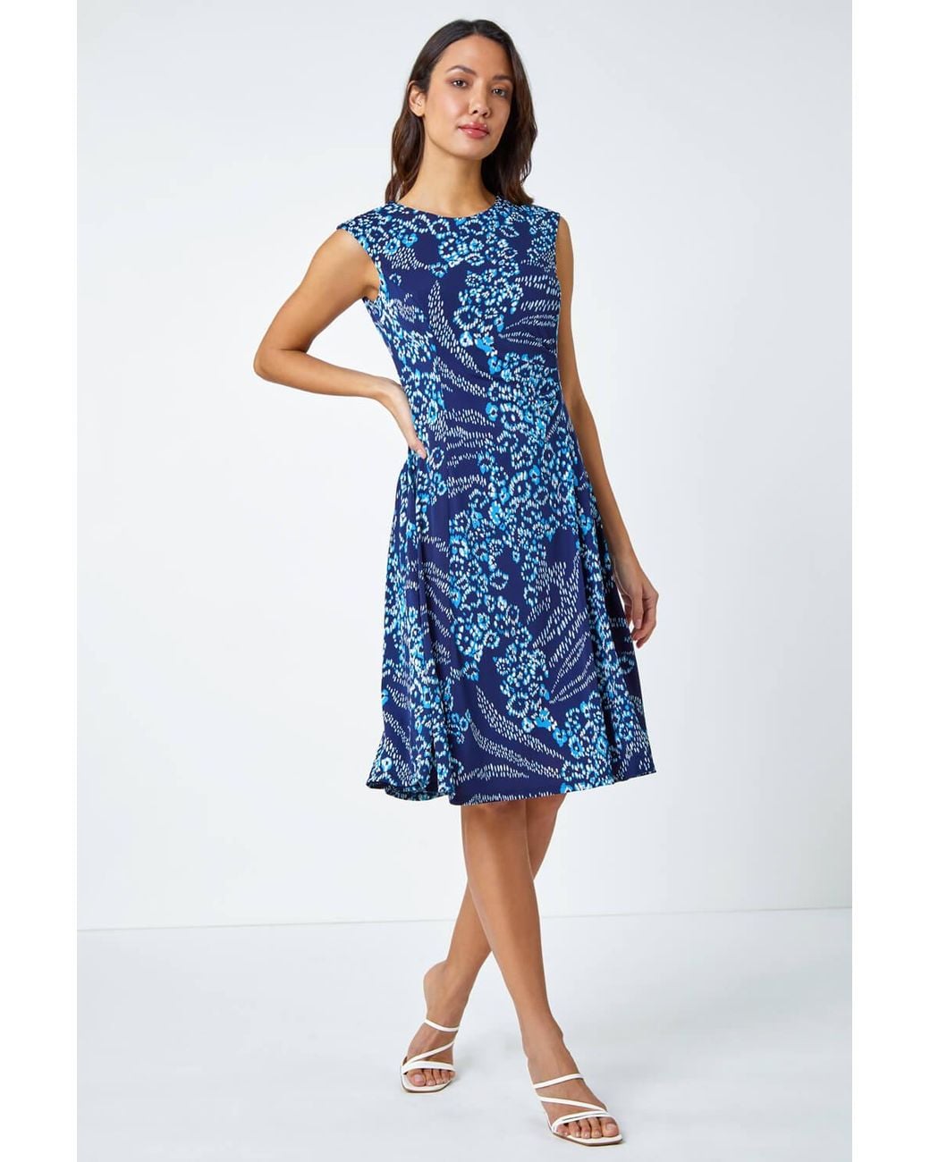 Roman Blue Animal Textured Puff Print Stretch Dress