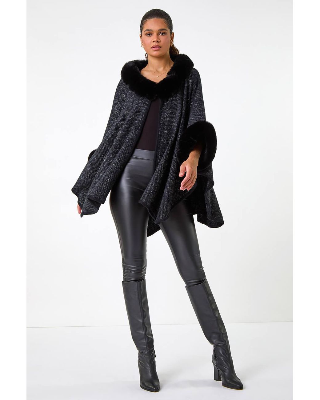 Roman Black Faux Fur Button Up Poncho
